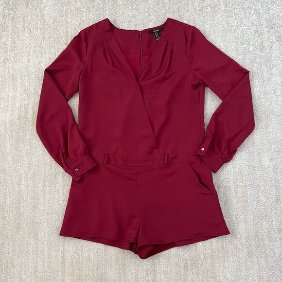 Forever 21 Long Sleeve Surplice Faux Wrap Shorts Romper S - Picture 1 of 10